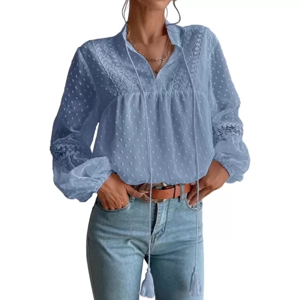 imagechouyatou Womens Bishop Sleeve Chiffon Blouse Top Dressy Casual Polka Dot Pom Pom ShirtBlue
