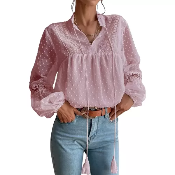 imagechouyatou Womens Bishop Sleeve Chiffon Blouse Top Dressy Casual Polka Dot Pom Pom ShirtPink