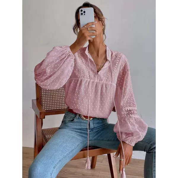 imagechouyatou Womens Bishop Sleeve Chiffon Blouse Top Dressy Casual Polka Dot Pom Pom ShirtPink