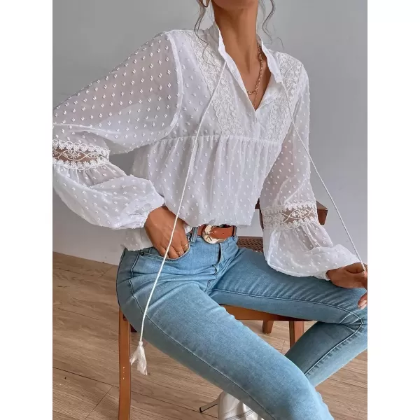 imagechouyatou Womens Bishop Sleeve Chiffon Blouse Top Dressy Casual Polka Dot Pom Pom ShirtWhite