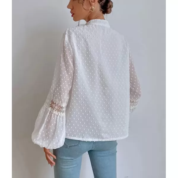 imagechouyatou Womens Bishop Sleeve Chiffon Blouse Top Dressy Casual Polka Dot Pom Pom ShirtWhite