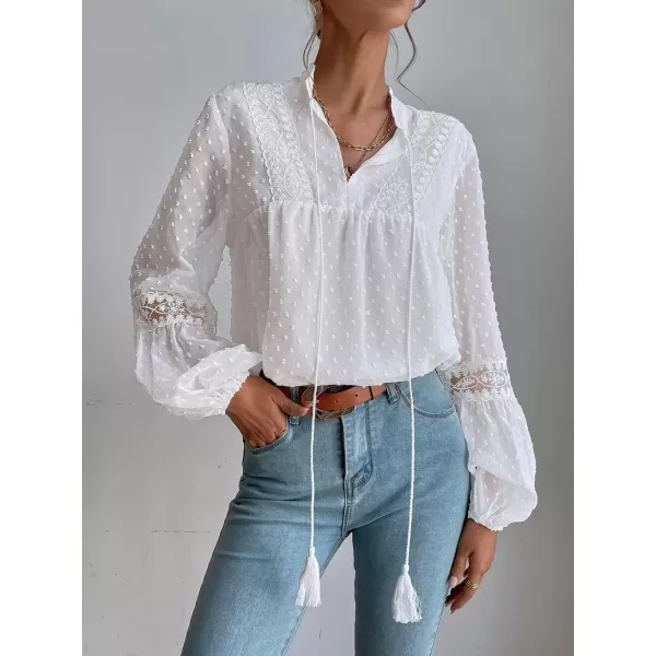 imagechouyatou Womens Bishop Sleeve Chiffon Blouse Top Dressy Casual Polka Dot Pom Pom ShirtWhite