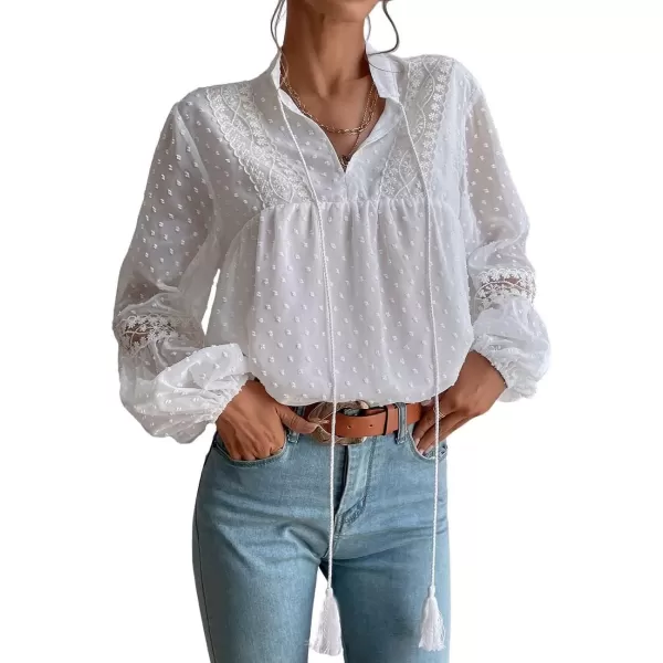 imagechouyatou Womens Bishop Sleeve Chiffon Blouse Top Dressy Casual Polka Dot Pom Pom ShirtWhite