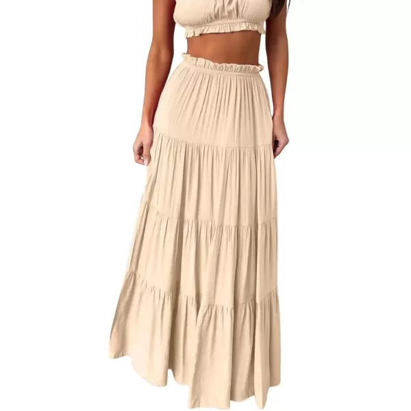 imagechouyatou Womens Boho Elastic High Waist A Line Flowy Swing Beach Vacation Tiered Ruffle Maxi Long SkirtApricot