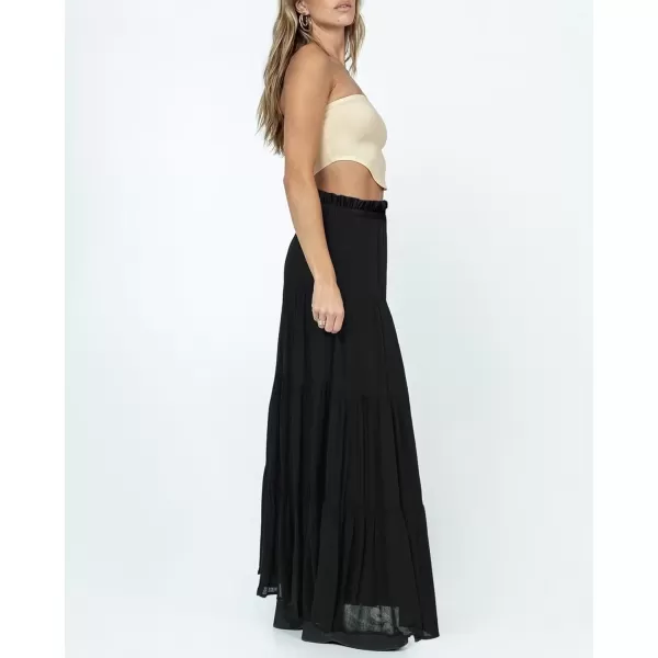 imagechouyatou Womens Boho Elastic High Waist A Line Flowy Swing Beach Vacation Tiered Ruffle Maxi Long SkirtBlack