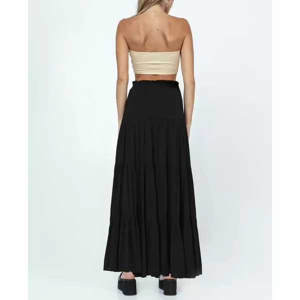 imagechouyatou Womens Boho Elastic High Waist A Line Flowy Swing Beach Vacation Tiered Ruffle Maxi Long SkirtBlack