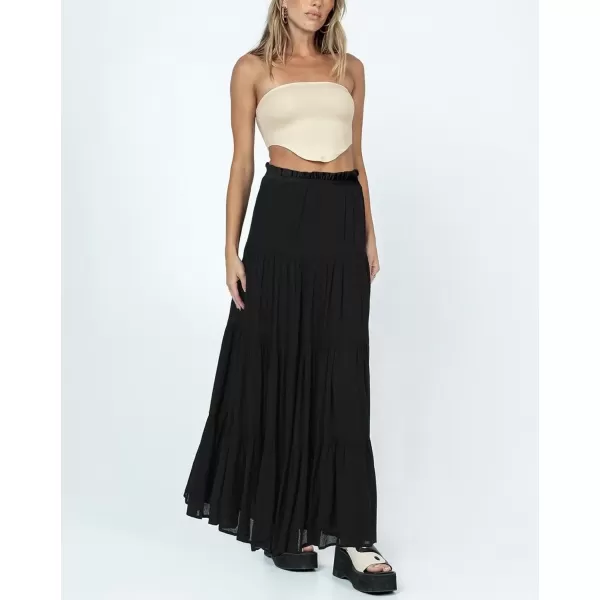 imagechouyatou Womens Boho Elastic High Waist A Line Flowy Swing Beach Vacation Tiered Ruffle Maxi Long SkirtBlack