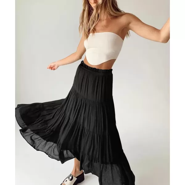 imagechouyatou Womens Boho Elastic High Waist A Line Flowy Swing Beach Vacation Tiered Ruffle Maxi Long SkirtBlack