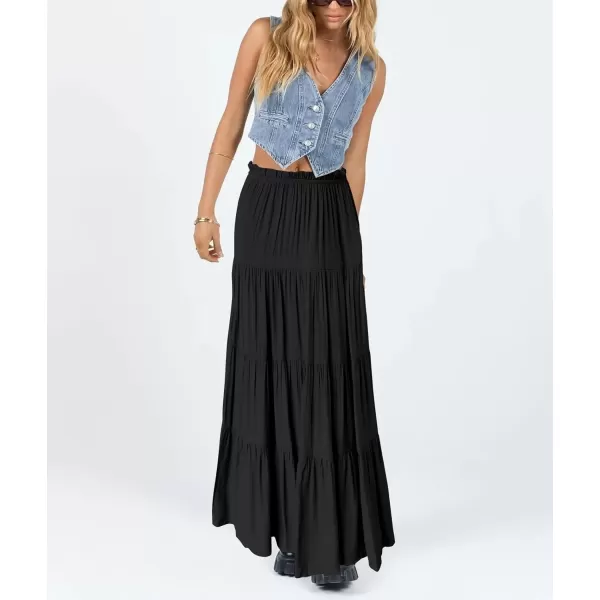 imagechouyatou Womens Boho Elastic High Waist A Line Flowy Swing Beach Vacation Tiered Ruffle Maxi Long SkirtBlack