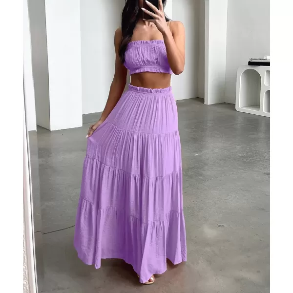 imagechouyatou Womens Boho Elastic High Waist A Line Flowy Swing Beach Vacation Tiered Ruffle Maxi Long SkirtLight Purple