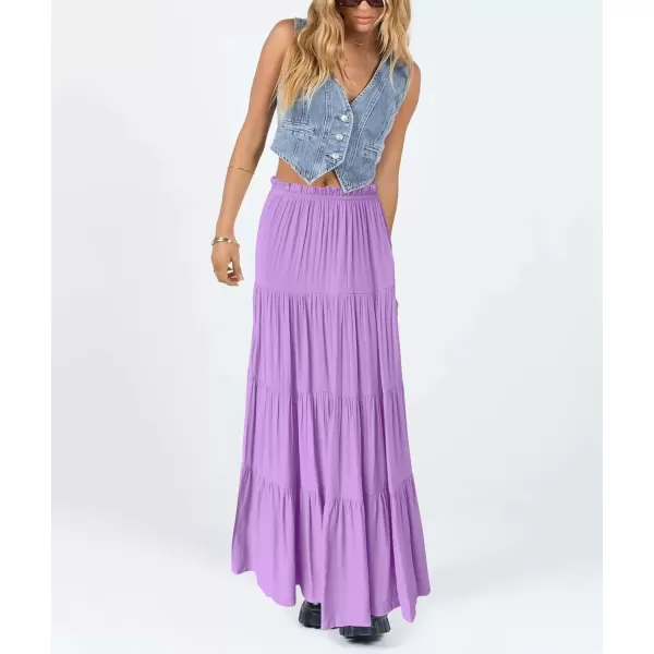 imagechouyatou Womens Boho Elastic High Waist A Line Flowy Swing Beach Vacation Tiered Ruffle Maxi Long SkirtLight Purple