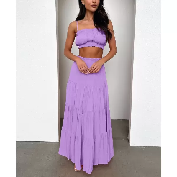 imagechouyatou Womens Boho Elastic High Waist A Line Flowy Swing Beach Vacation Tiered Ruffle Maxi Long SkirtLight Purple