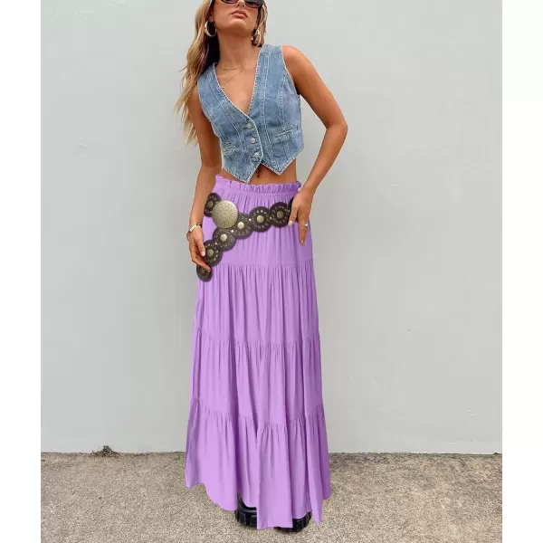 imagechouyatou Womens Boho Elastic High Waist A Line Flowy Swing Beach Vacation Tiered Ruffle Maxi Long SkirtLight Purple
