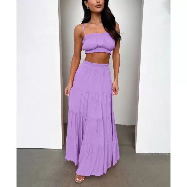imagechouyatou Womens Boho Elastic High Waist A Line Flowy Swing Beach Vacation Tiered Ruffle Maxi Long SkirtLight Purple
