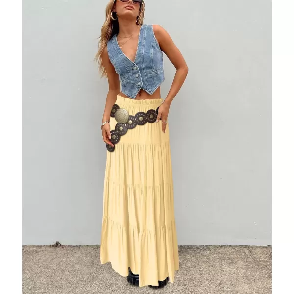 imagechouyatou Womens Boho Elastic High Waist A Line Flowy Swing Beach Vacation Tiered Ruffle Maxi Long SkirtLight Yellow