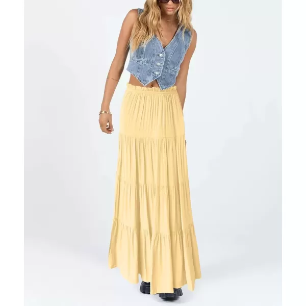 imagechouyatou Womens Boho Elastic High Waist A Line Flowy Swing Beach Vacation Tiered Ruffle Maxi Long SkirtLight Yellow