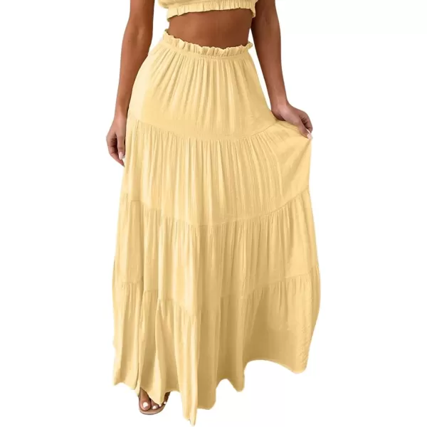 imagechouyatou Womens Boho Elastic High Waist A Line Flowy Swing Beach Vacation Tiered Ruffle Maxi Long SkirtLight Yellow