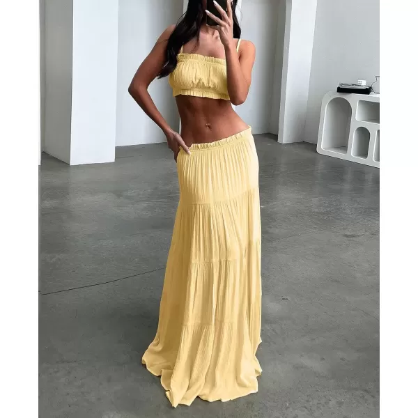 imagechouyatou Womens Boho Elastic High Waist A Line Flowy Swing Beach Vacation Tiered Ruffle Maxi Long SkirtLight Yellow