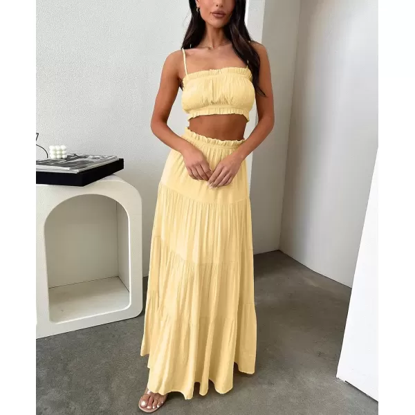 imagechouyatou Womens Boho Elastic High Waist A Line Flowy Swing Beach Vacation Tiered Ruffle Maxi Long SkirtLight Yellow