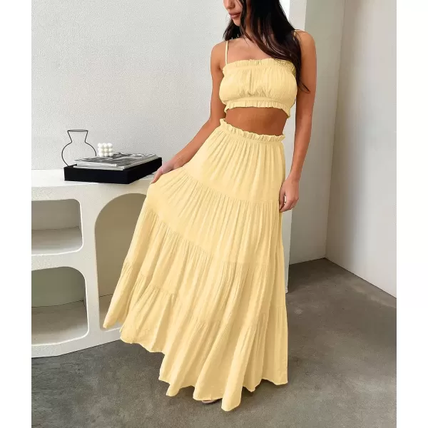 imagechouyatou Womens Boho Elastic High Waist A Line Flowy Swing Beach Vacation Tiered Ruffle Maxi Long SkirtLight Yellow