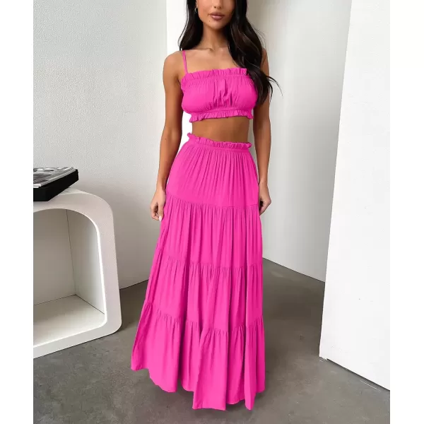 imagechouyatou Womens Boho Elastic High Waist A Line Flowy Swing Beach Vacation Tiered Ruffle Maxi Long SkirtRose Red