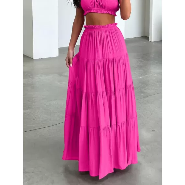 imagechouyatou Womens Boho Elastic High Waist A Line Flowy Swing Beach Vacation Tiered Ruffle Maxi Long SkirtRose Red