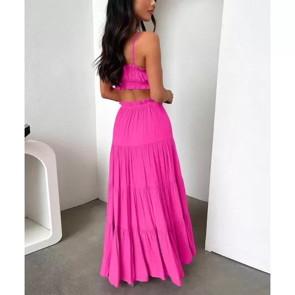 imagechouyatou Womens Boho Elastic High Waist A Line Flowy Swing Beach Vacation Tiered Ruffle Maxi Long SkirtRose Red