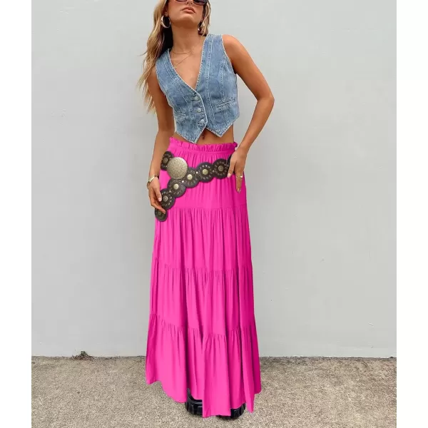imagechouyatou Womens Boho Elastic High Waist A Line Flowy Swing Beach Vacation Tiered Ruffle Maxi Long SkirtRose Red