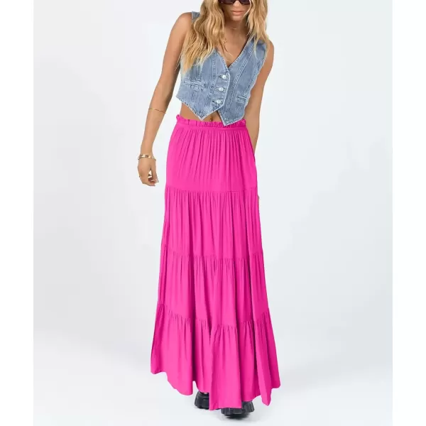 imagechouyatou Womens Boho Elastic High Waist A Line Flowy Swing Beach Vacation Tiered Ruffle Maxi Long SkirtRose Red