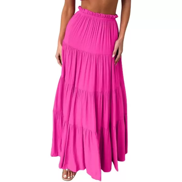 imagechouyatou Womens Boho Elastic High Waist A Line Flowy Swing Beach Vacation Tiered Ruffle Maxi Long SkirtRose Red
