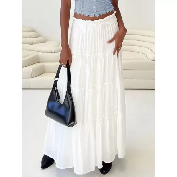 imagechouyatou Womens Boho Elastic High Waist A Line Flowy Swing Beach Vacation Tiered Ruffle Maxi Long SkirtWhite