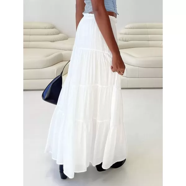 imagechouyatou Womens Boho Elastic High Waist A Line Flowy Swing Beach Vacation Tiered Ruffle Maxi Long SkirtWhite