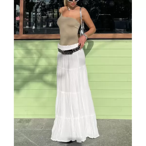 imagechouyatou Womens Boho Elastic High Waist A Line Flowy Swing Beach Vacation Tiered Ruffle Maxi Long SkirtWhite