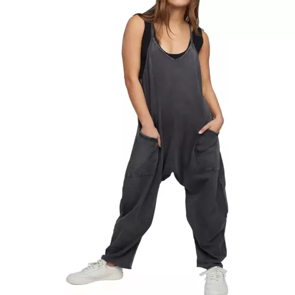 imagechouyatou Womens Casual Jumpsuit Sleeveless V Neck Loose Overalls Baggy Harem Romper With PocketBlack