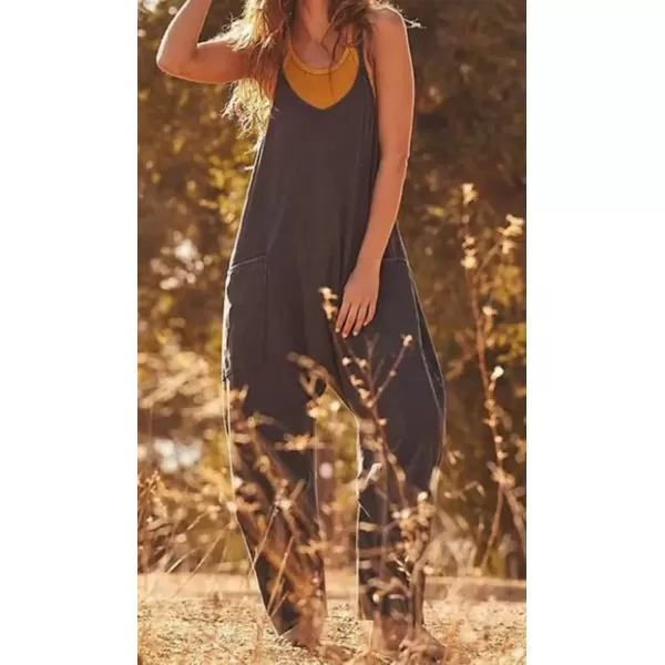 imagechouyatou Womens Casual Jumpsuit Sleeveless V Neck Loose Overalls Baggy Harem Romper With PocketBlack