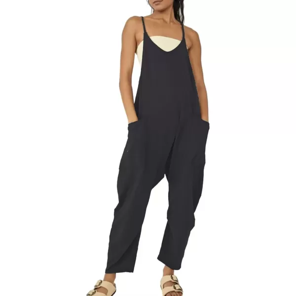 imagechouyatou Womens Casual Jumpsuit Sleeveless V Neck Loose Overalls Baggy Harem Romper With PocketBlack