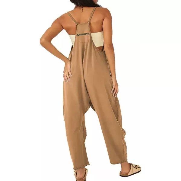 imagechouyatou Womens Casual Jumpsuit Sleeveless V Neck Loose Overalls Baggy Harem Romper With PocketBrown