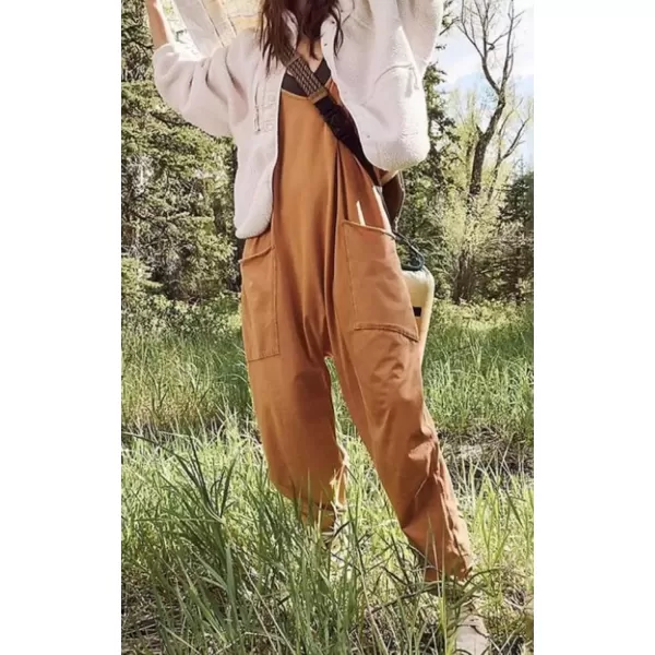 imagechouyatou Womens Casual Jumpsuit Sleeveless V Neck Loose Overalls Baggy Harem Romper With PocketBrown