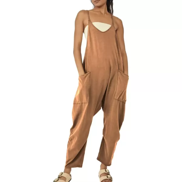 imagechouyatou Womens Casual Jumpsuit Sleeveless V Neck Loose Overalls Baggy Harem Romper With PocketBrown