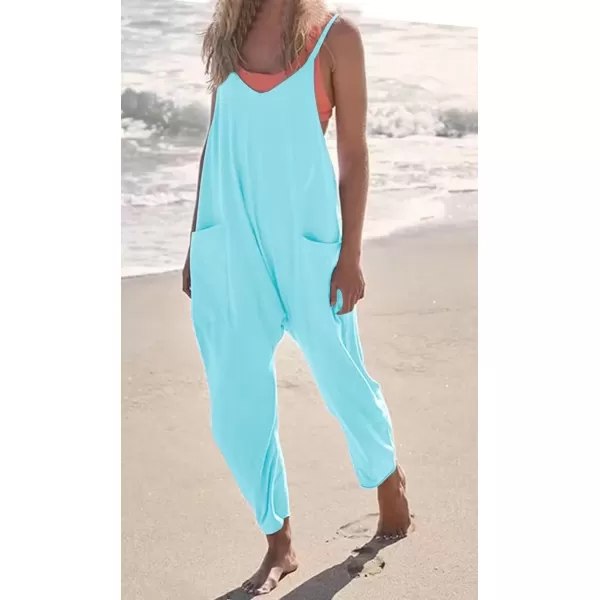 imagechouyatou Womens Casual Jumpsuit Sleeveless V Neck Loose Overalls Baggy Harem Romper With PocketLight Blue