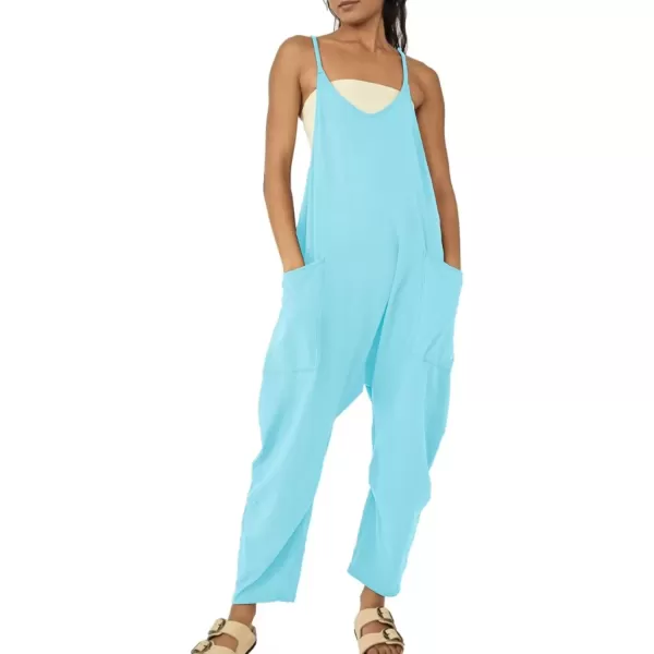 imagechouyatou Womens Casual Jumpsuit Sleeveless V Neck Loose Overalls Baggy Harem Romper With PocketLight Blue
