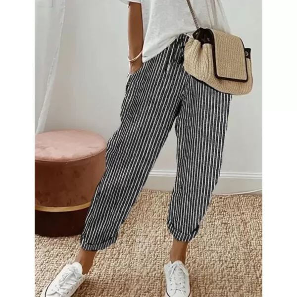 imagechouyatou Womens Casual Vertical Striped High Elastic Waist Wide Leg Capri Palazzo Pants with PocketsBlack