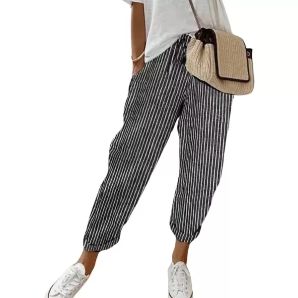 imagechouyatou Womens Casual Vertical Striped High Elastic Waist Wide Leg Capri Palazzo Pants with PocketsBlack