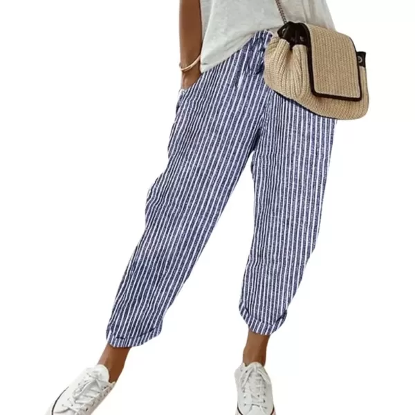 imagechouyatou Womens Casual Vertical Striped High Elastic Waist Wide Leg Capri Palazzo Pants with PocketsBlue