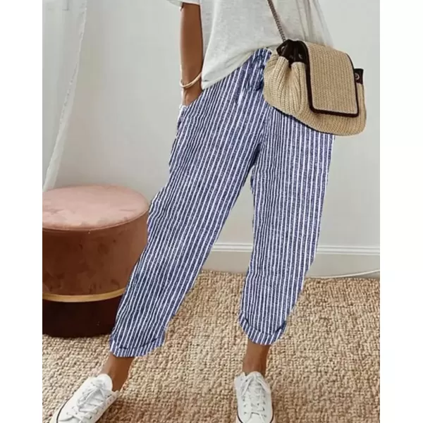 imagechouyatou Womens Casual Vertical Striped High Elastic Waist Wide Leg Capri Palazzo Pants with PocketsBlue