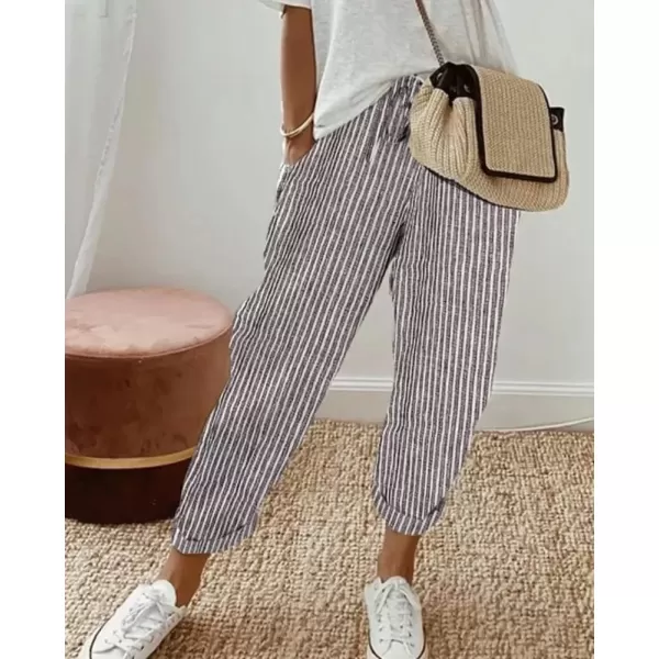 imagechouyatou Womens Casual Vertical Striped High Elastic Waist Wide Leg Capri Palazzo Pants with PocketsGray
