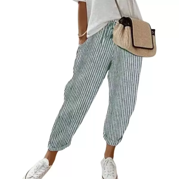 imagechouyatou Womens Casual Vertical Striped High Elastic Waist Wide Leg Capri Palazzo Pants with PocketsGreen