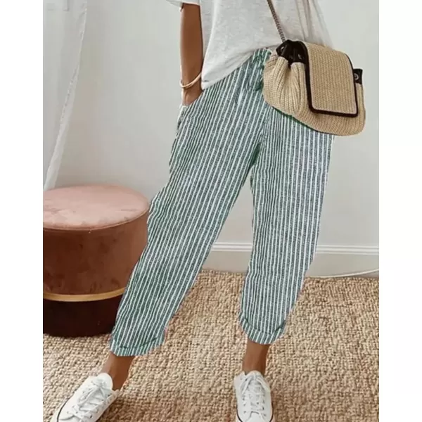 imagechouyatou Womens Casual Vertical Striped High Elastic Waist Wide Leg Capri Palazzo Pants with PocketsGreen