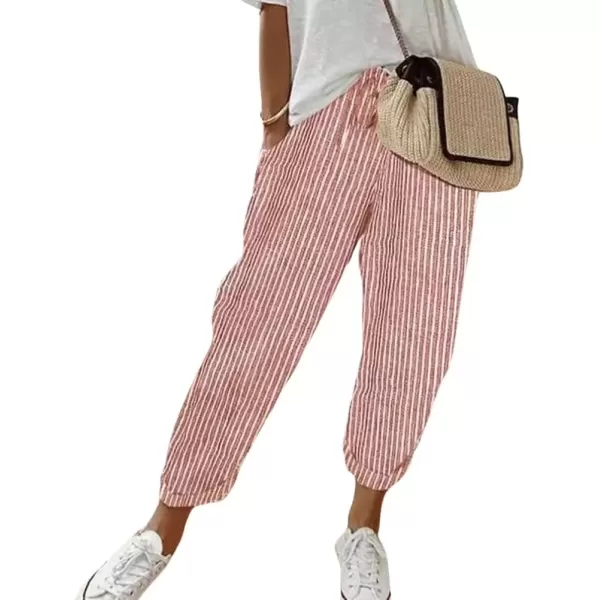 imagechouyatou Womens Casual Vertical Striped High Elastic Waist Wide Leg Capri Palazzo Pants with PocketsRed