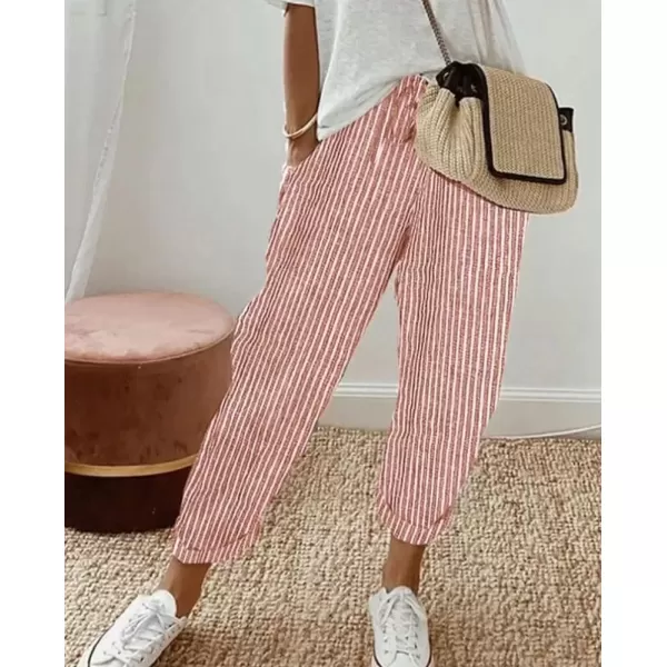 imagechouyatou Womens Casual Vertical Striped High Elastic Waist Wide Leg Capri Palazzo Pants with PocketsRed